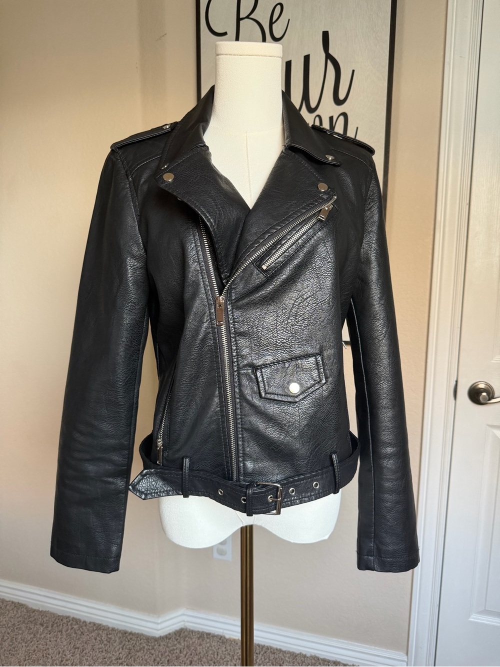 Classic Black Vegan Leather Biker Jacket - Women's
